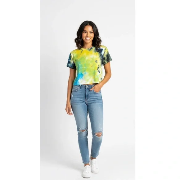 Be Free Los Angeles‎ Tie Dye Crop Top | Yellow Blue Black Short Sleeve Tee - Picture 2 of 9